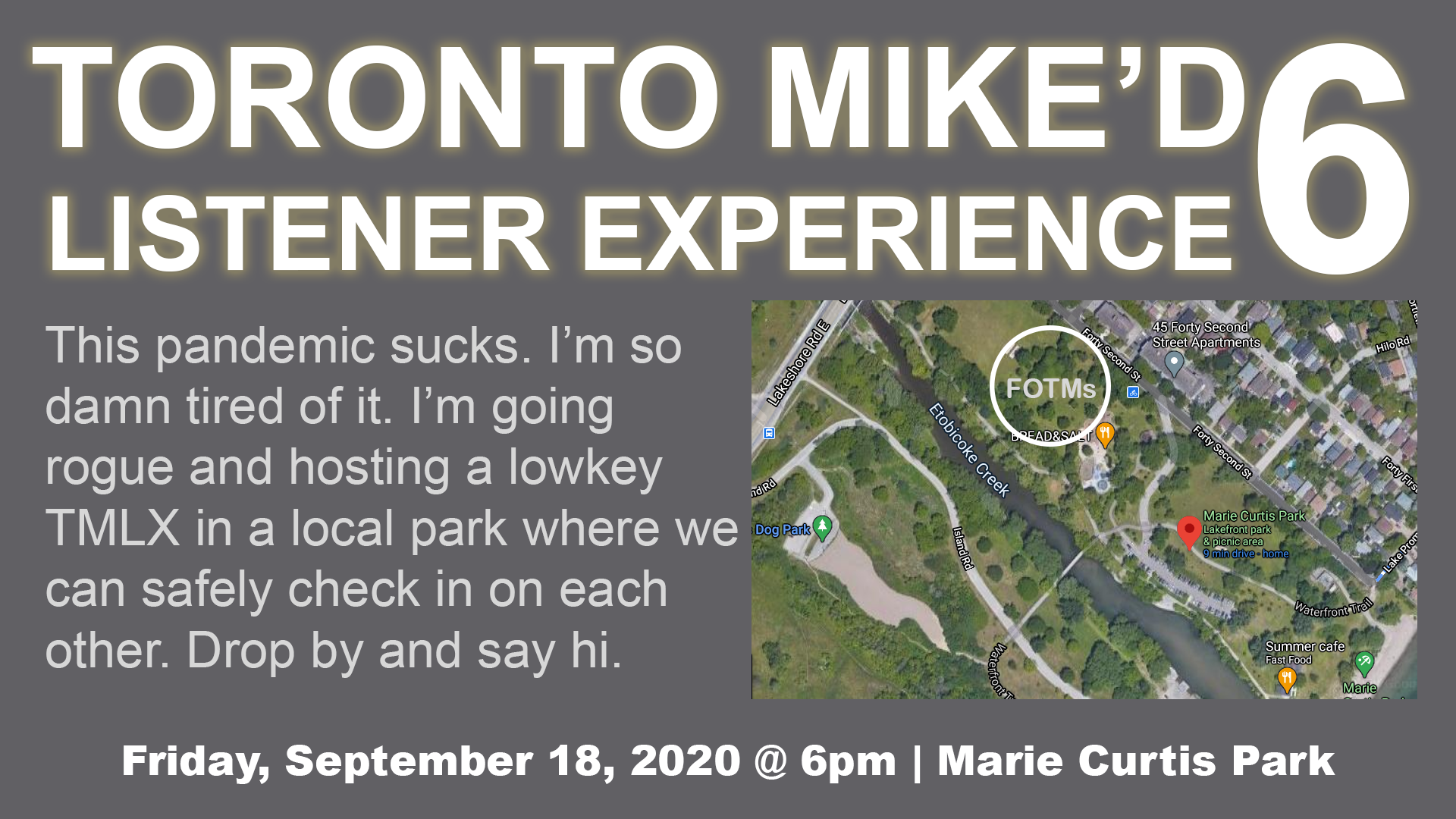 TMLX6 is September 18 at 6pm at Marie Curtis Park